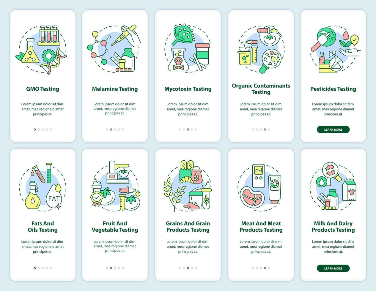 voedsel testen laboratorium onboarding mobiel app scherm set. analyse walkthrough 5 stappen grafisch instructies Pagina's met lineair concepten. ui, ux, gui sjabloon. myriade pro-vet, regelmatig fonts gebruikt vector
