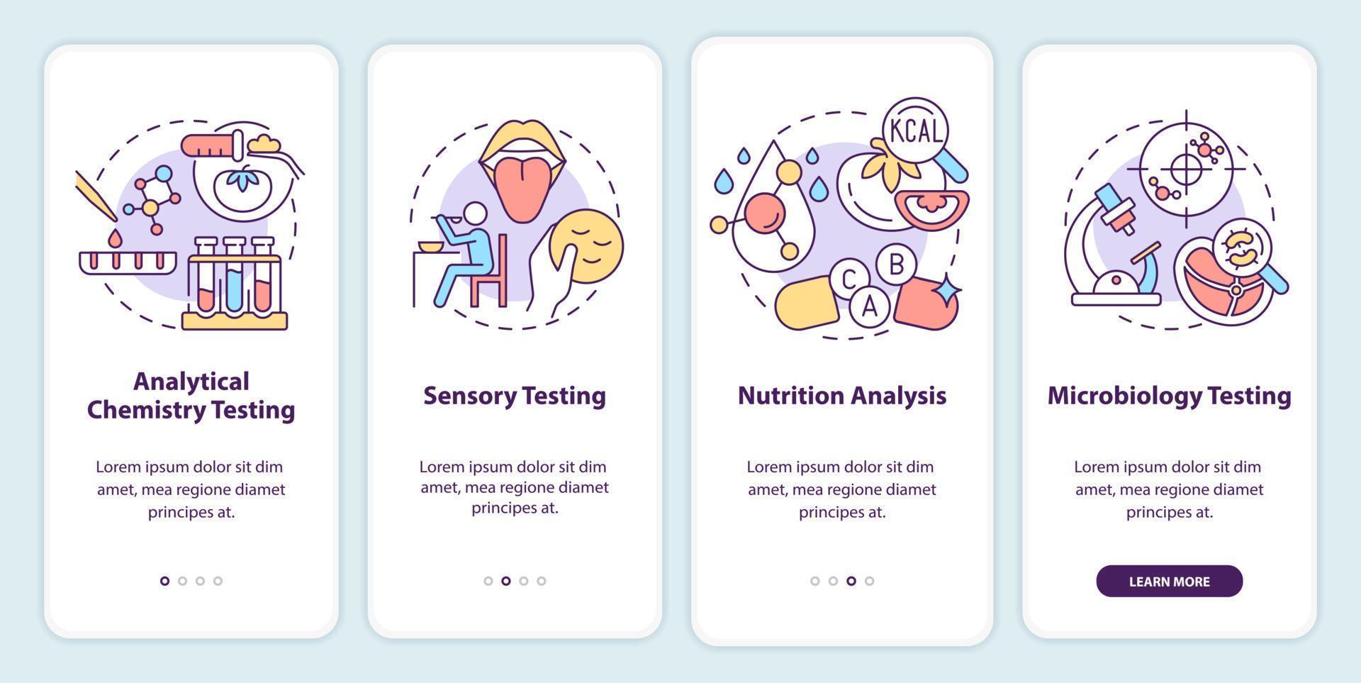 voedsel testen onboarding mobiel app scherm. analytisch chemie testen walkthrough 4 stappen grafisch instructies Pagina's met lineair concepten. ui, ux, gui sjabloon. myriade pro-vet, regelmatig fonts gebruikt vector