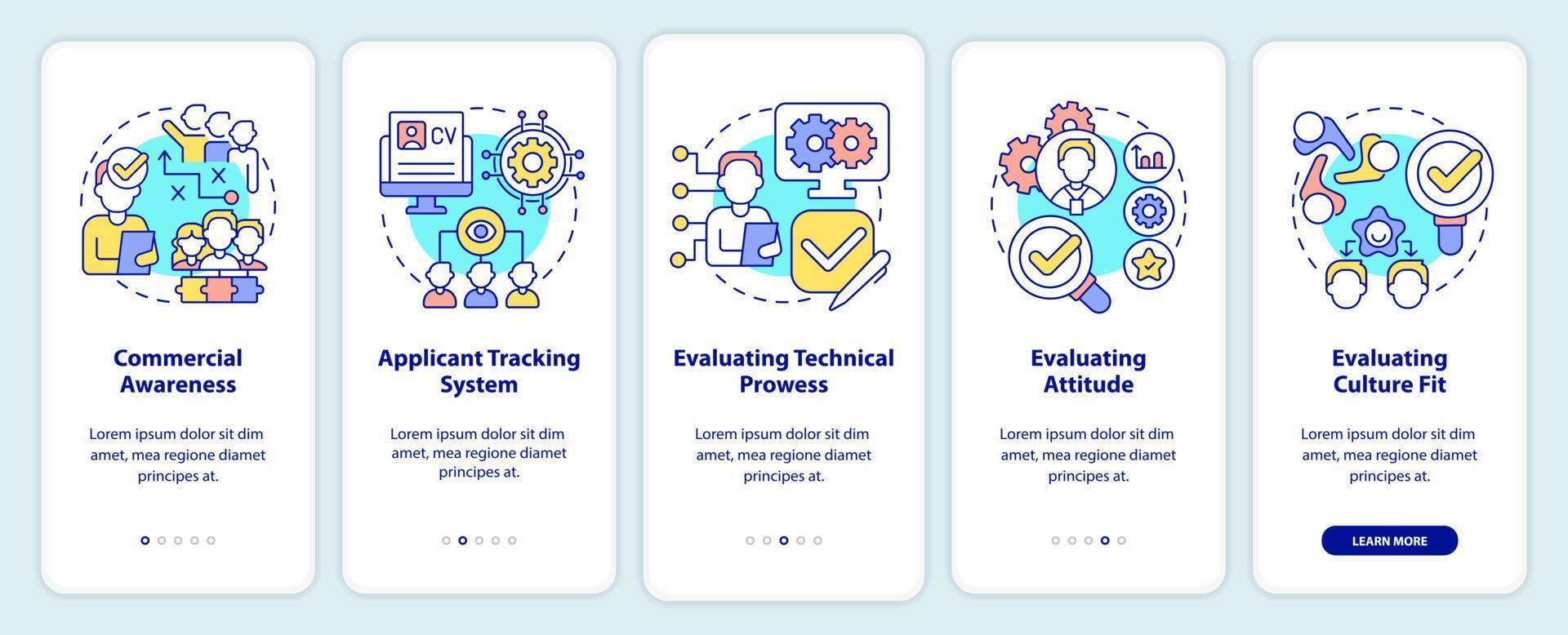 hr vaardigheden voor bedrijf onboarding mobiel app scherm. technologie walkthrough 5 stappen grafisch instructies Pagina's met lineair concepten. ui, ux, gui sjabloon. myriade pro-vet, regelmatig fonts gebruikt vector