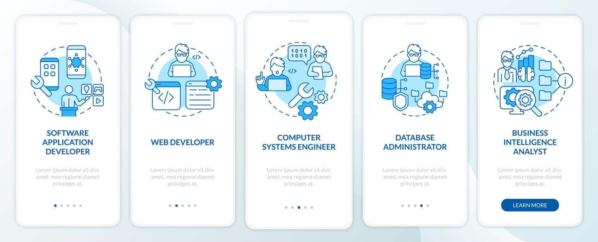 jobs codeerders kan krijgen blauw onboarding mobiel app scherm. ontwikkelaar walkthrough 5 stappen grafisch instructies Pagina's met lineair concepten. ui, ux, gui sjabloon. myriade pro-vet, regelmatig fonts gebruikt vector