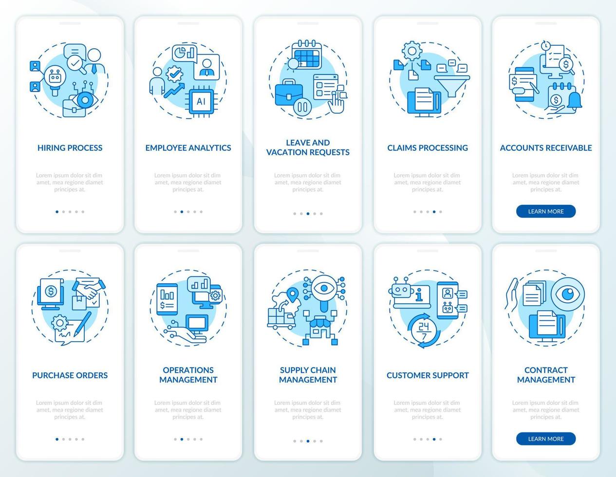 bedrijf en bank automatisering blauw onboarding mobiel app scherm set. walkthrough 5 stappen grafisch instructies Pagina's met lineair concepten. ui, ux, gui sjabloon. myriade pro-vet, regelmatig fonts gebruikt vector