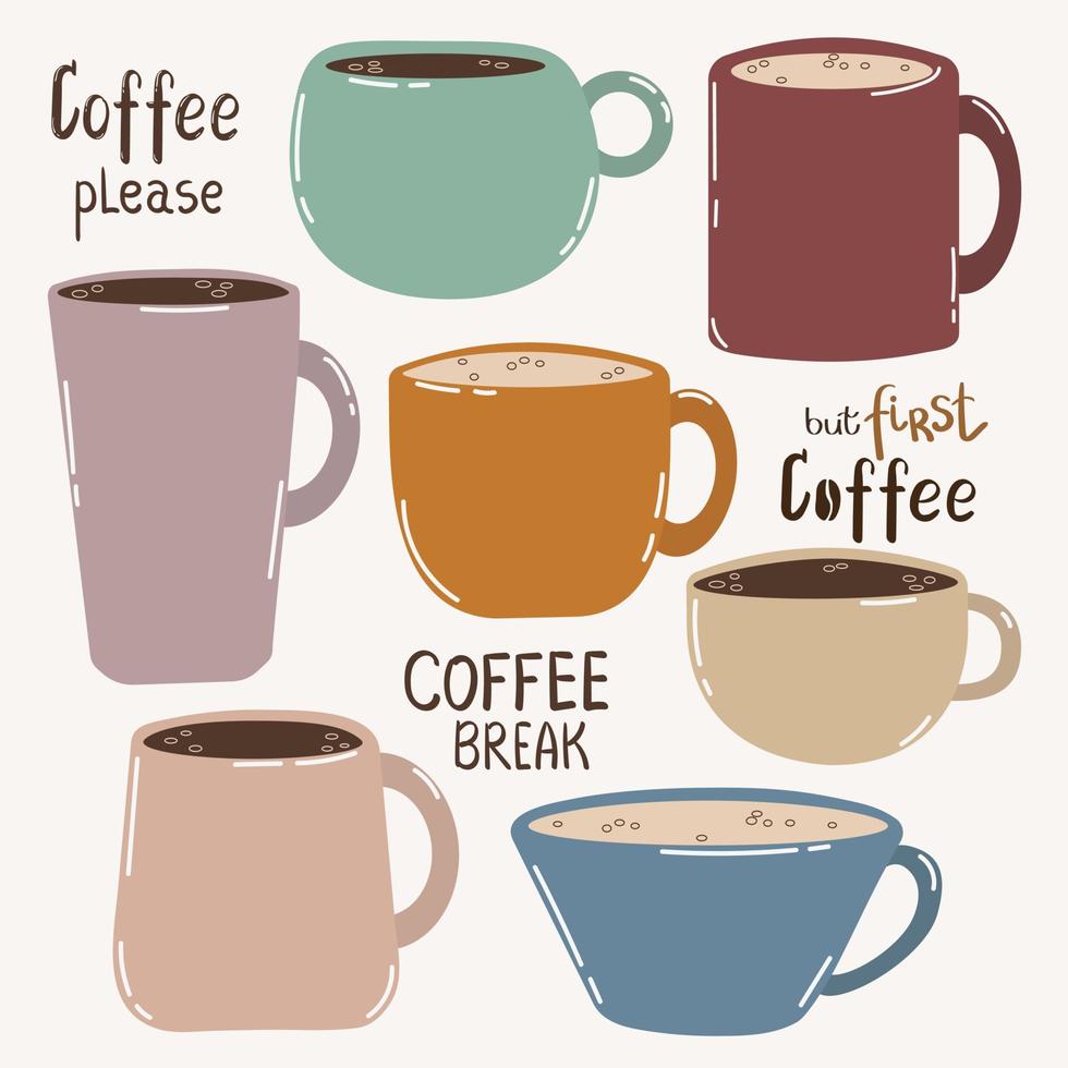 een reeks van verschillend koffie mokken en inscripties over koffie in een vlak stijl vector