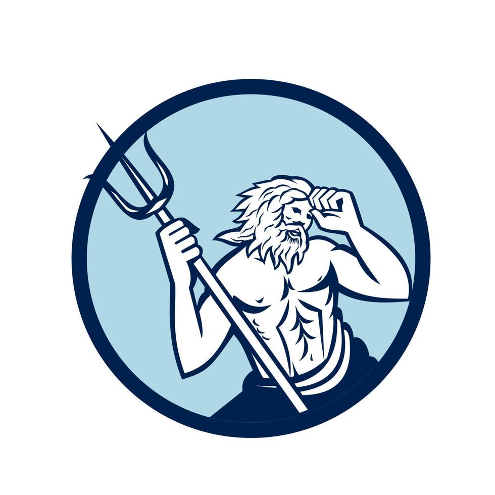 Poseidon drietand cirkel retro vector