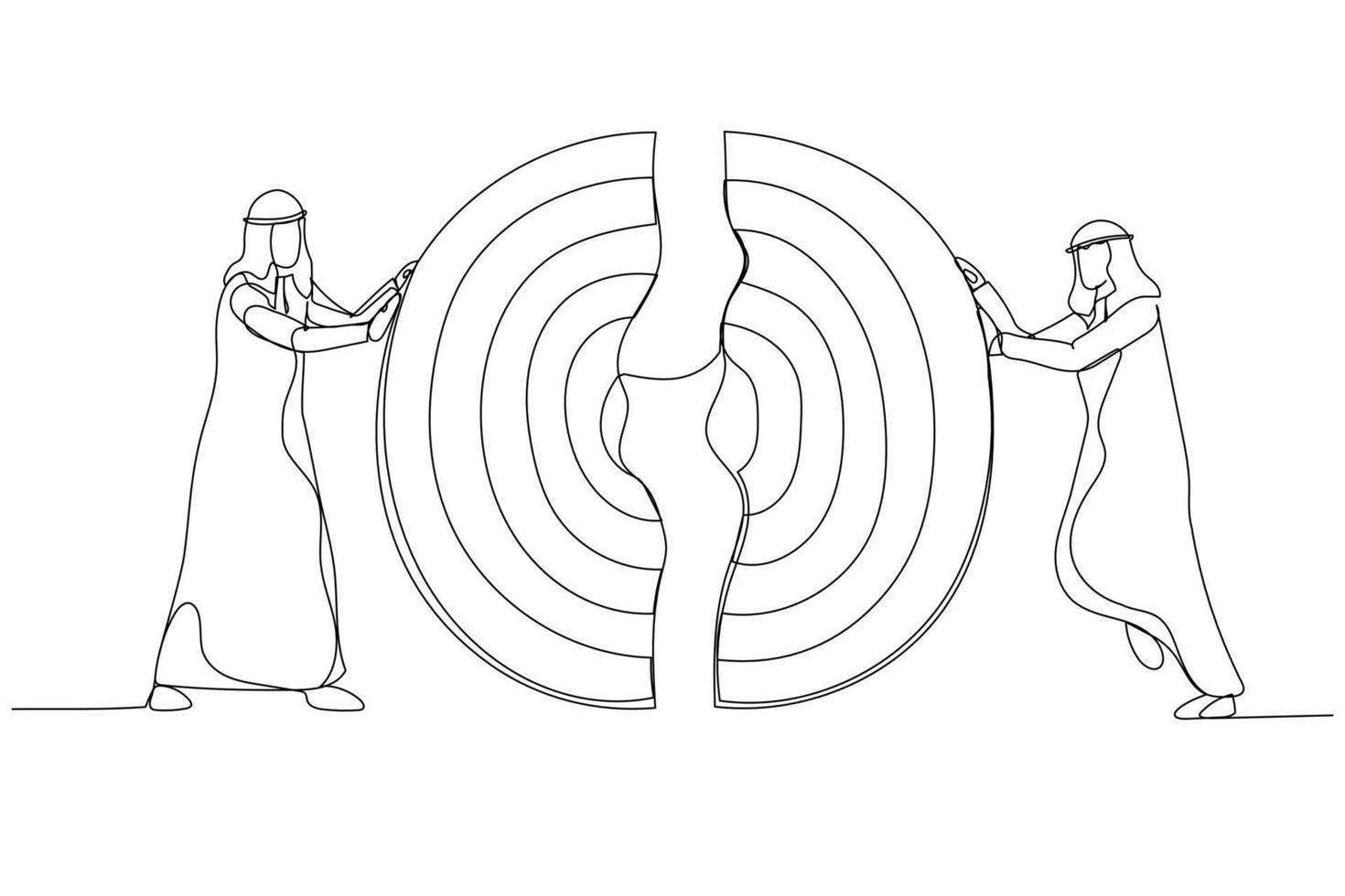illustratie van Arabisch zakenlieden voortvarend een stukken van groot doelwit samen. metafoor voor bedrijf teamwerk. single doorlopend lijn kunst stijl vector