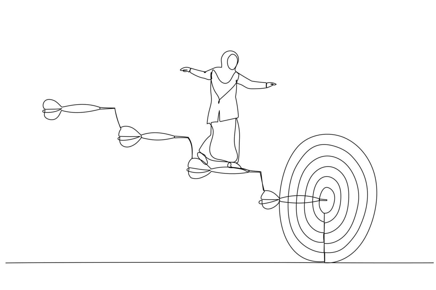 illustratie van zakenvrouw gaat omhoog de trap van pijlen naar de doelwit. concept van bedrijf pad naar de doel. single doorlopend lijn kunst stijl vector