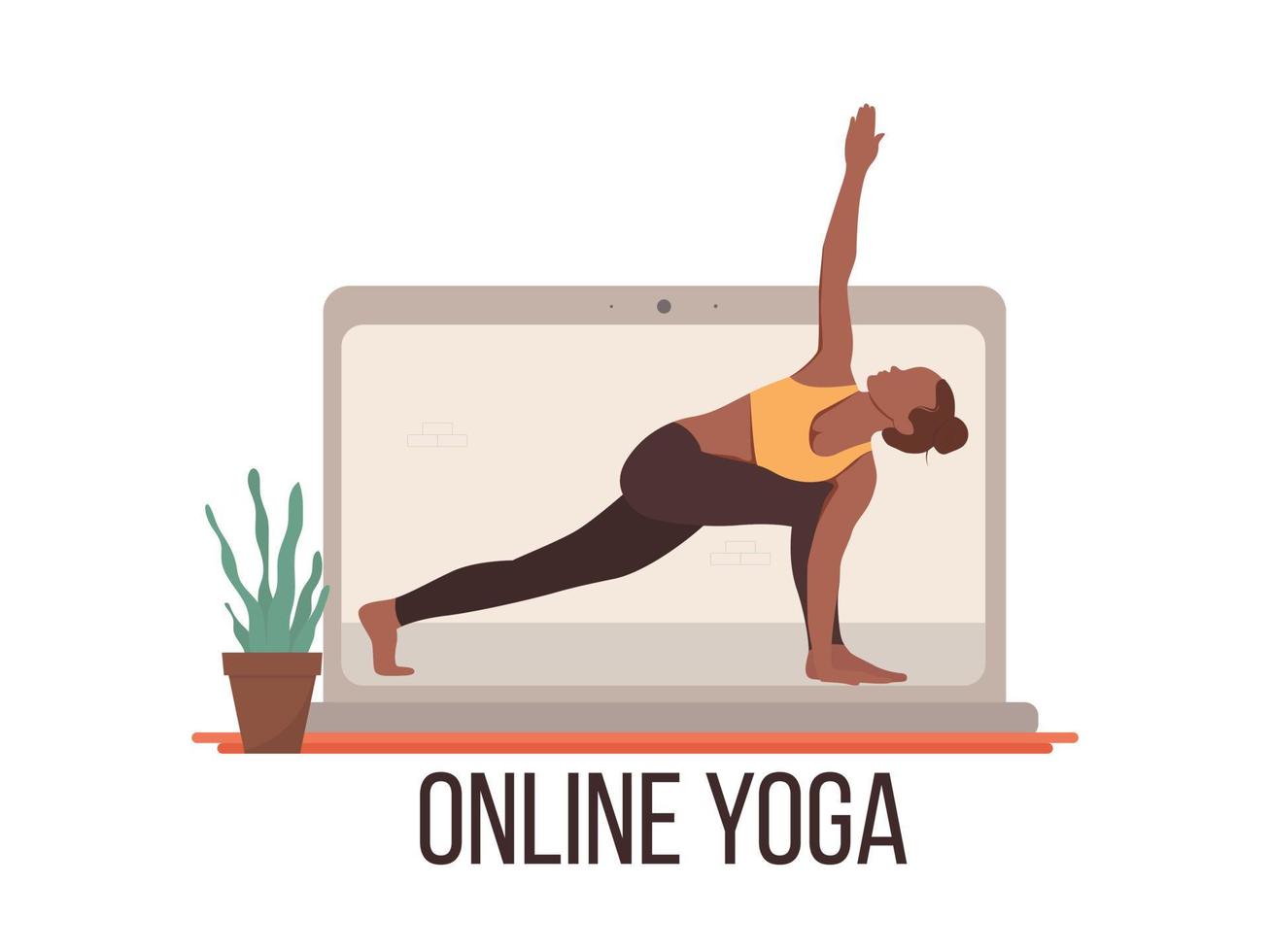 online yoga. een yoga instructeur geeft les yoga van een laptop scherm. online onderwijs concept. vector illustratie