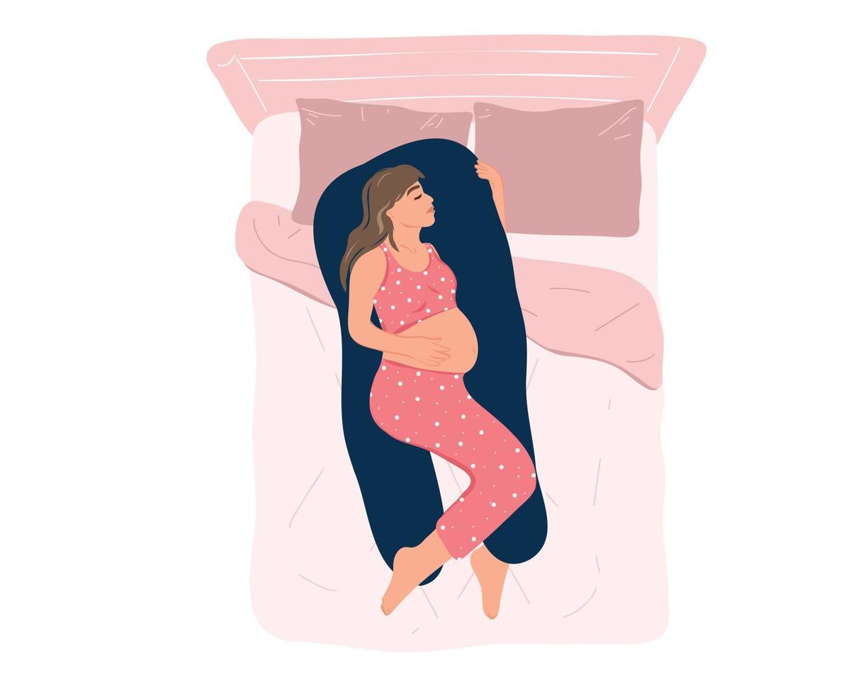 top visie van een jong zwanger vrouw in pyjama slapen Aan een moederschap hoofdkussen Aan de bed. gezond nacht slaap. comfortabel positie voor slapen, voorbereidingen treffen voor bevalling. Gezondheid en zwangerschap zorg. vector