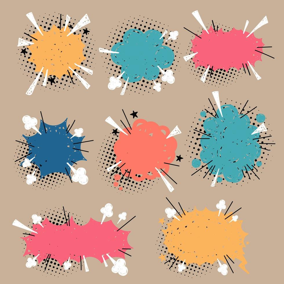 collectie set van schattige hand getrokken popart polka dots kleurrijke halftone lege tekstballon ballon, schreeuwen, denken, spreken, praten, tekstvak, banner, plat, ontwerp, vectorillustratie vector