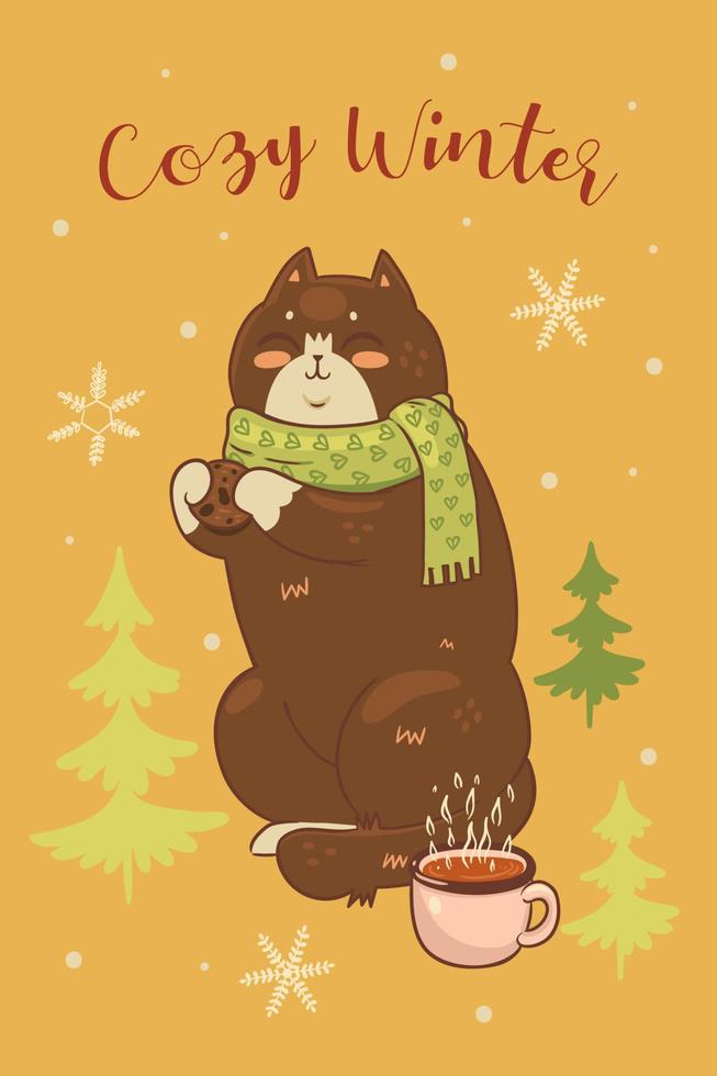 ansichtkaart met een schattig kat in een sjaal en de opschrift knus winter. vector grafiek.