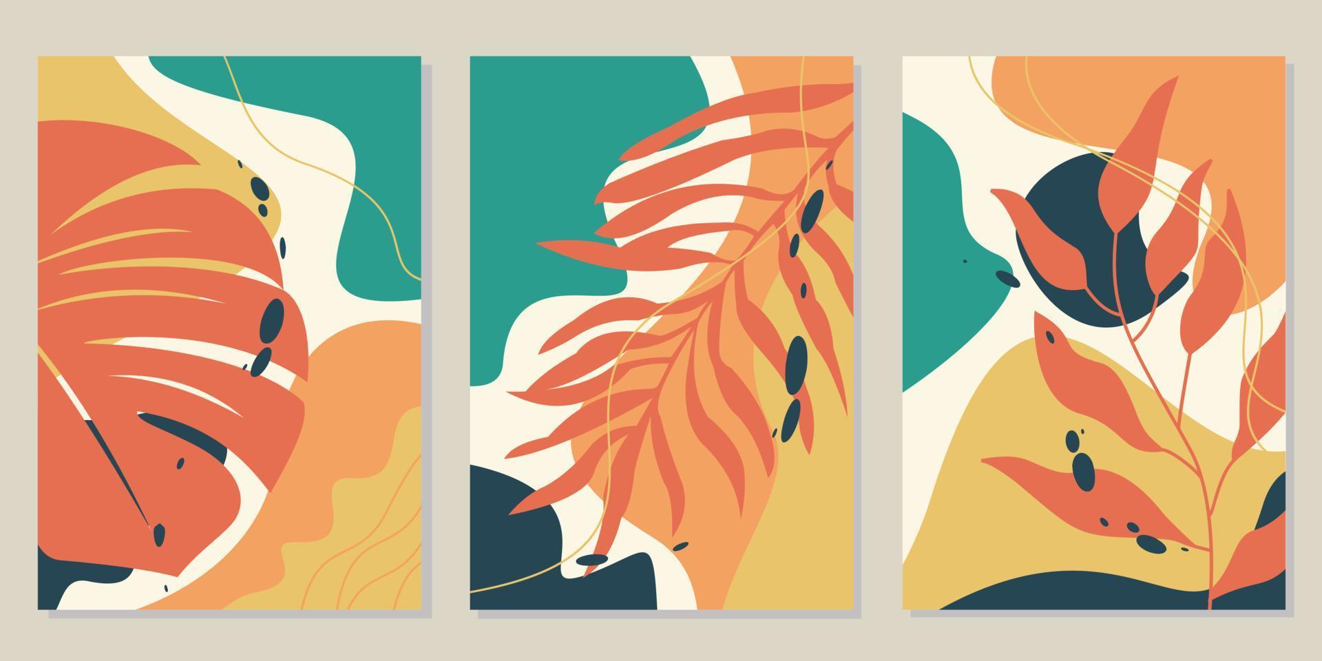 botanisch muur kunst vector set. gebladerte lijn kunst tekening met abstract vorm geven aan. ontwerp voor huis decor, omslag, behang, natuurlijk muur kunst. vector illustratie