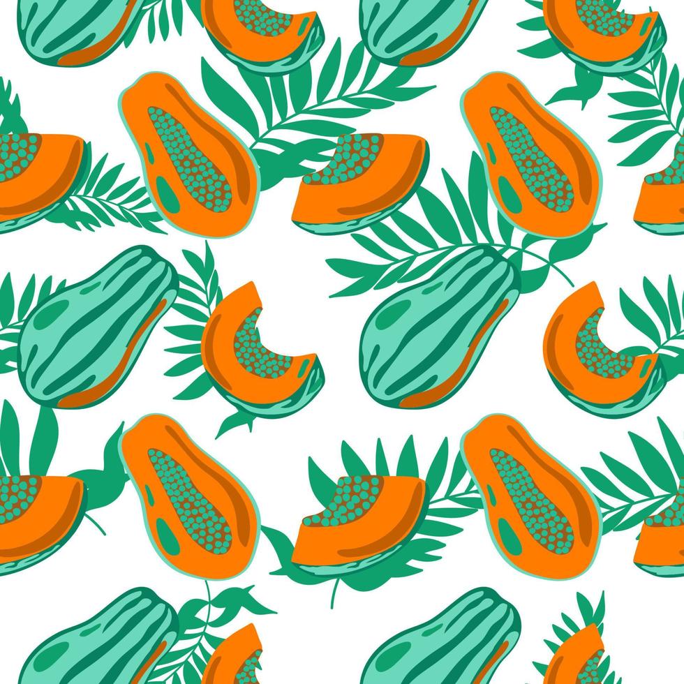 naadloos patroon van gestileerde papaja en tropisch bladeren, getrokken elementen in tekening stijl. geheel papaja, onderdelen, plakjes, kern. beeld van zomer fruit Aan wit achtergrond vector