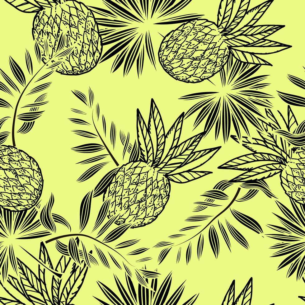 naadloos patroon van ananas en tropisch bladeren, hand getekend schets-stijl elementen. geheel ananas. palm bladeren. beeld van zomer fruit vector