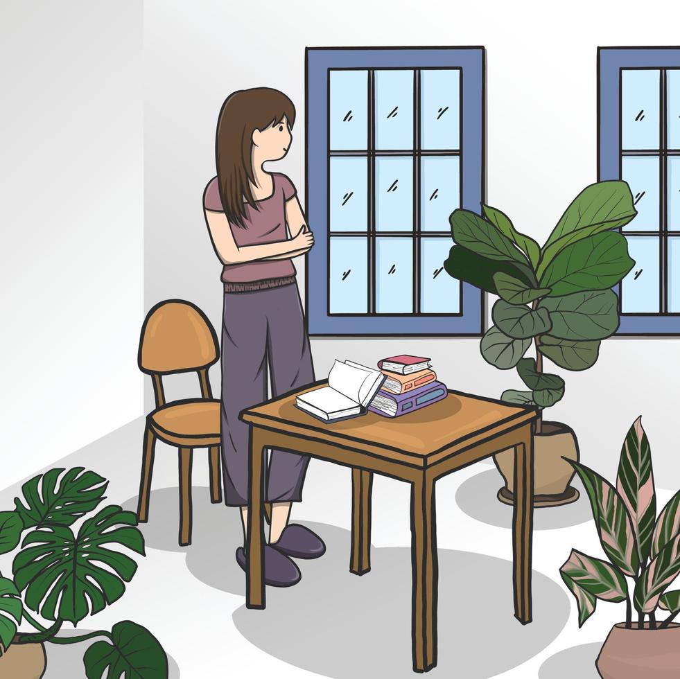 vrouw en planten in de woonkamer, minimalistisch interieurmeubilair. vector