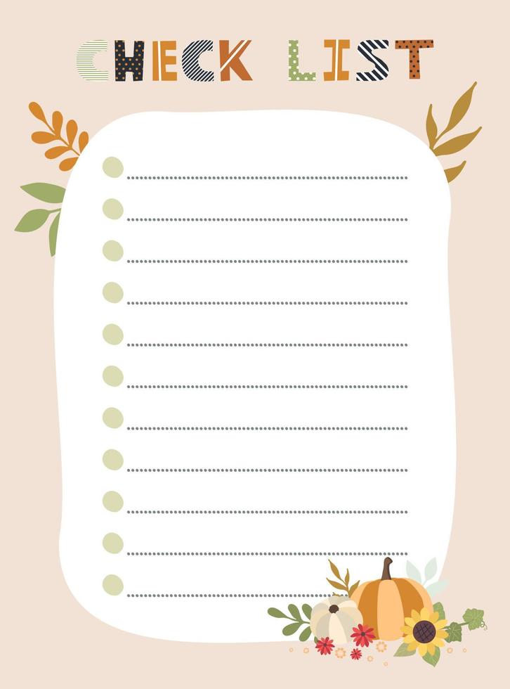 controleren lijst sjabloon. vector illustratie met herfst elementen voor planner. schattig en trendy.