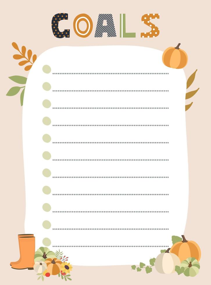 doelen controleren lijst. vector illustratie met herfst elementen voor planner. schattig en trendy.