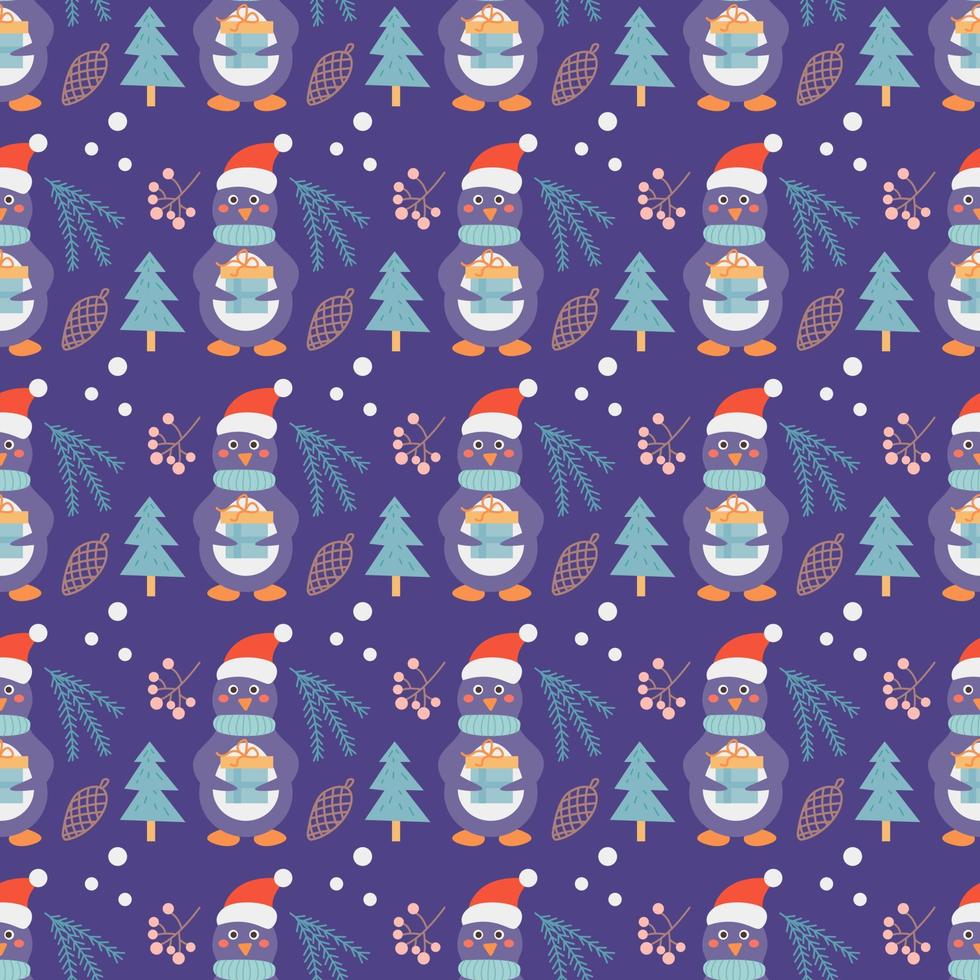 schattig pinguïn met een geschenk, Kerstmis vector naadloos patroon
