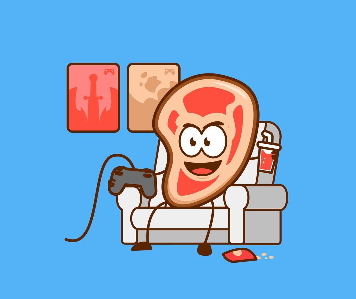 schattig vlees mensen spelen video spellen Aan bankstel sofa terwijl genieten van tussendoortje vector karakter tekenfilm mascotte aan het doen hobby concept illustratie