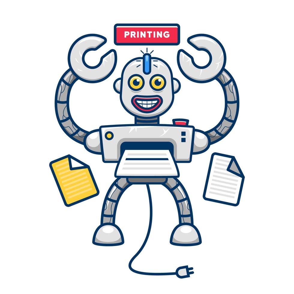 eigenzinnig grappig printer robot mascotte karakter illustratie vector