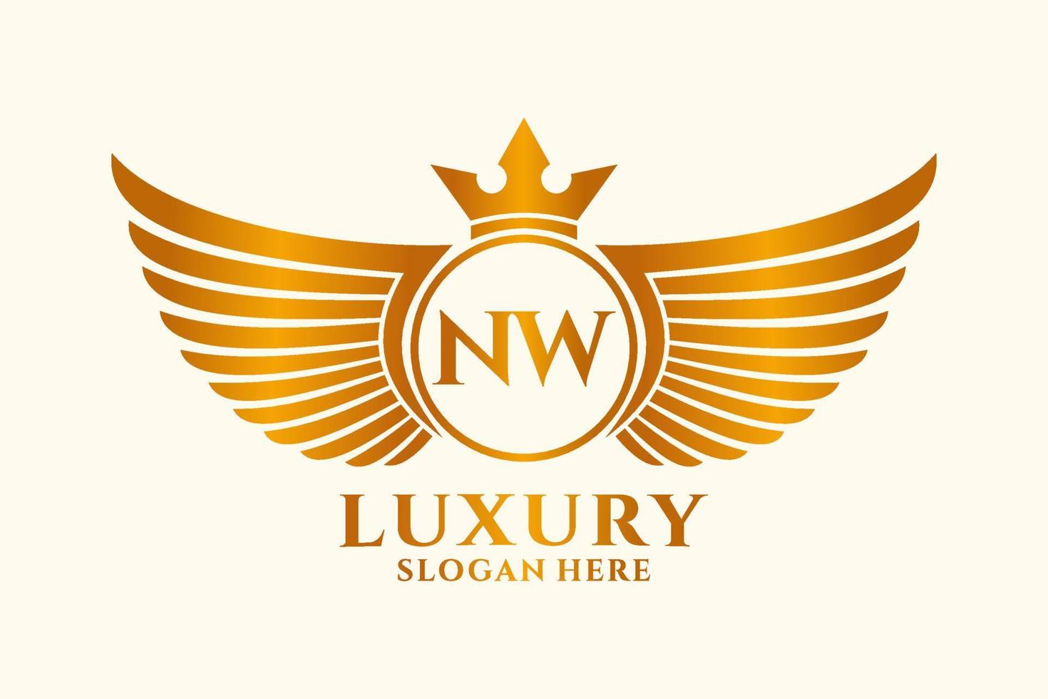 luxe Koninklijk vleugel brief nw kam goud kleur logo vector, zege logo, kam logo, vleugel logo, vector logo sjabloon.