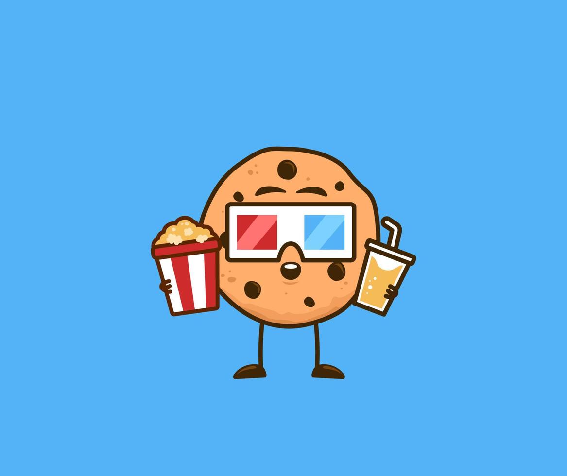 schattig koekjes tussendoortje tekenfilm film bezoekers karakter aan het kijken film in cinnema vector illustratie grafisch