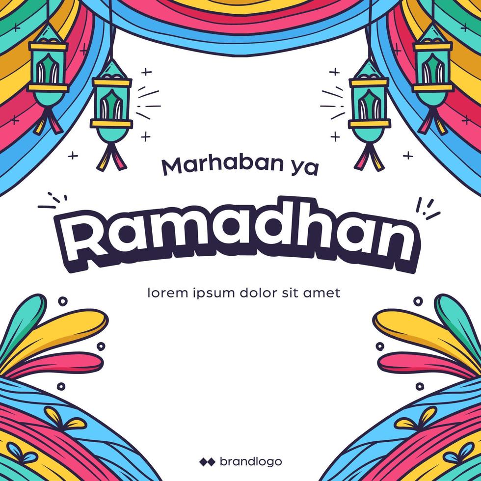 kleurrijke ramadhan groet poster, handgetekende marhaban ya ramadhan met lantaarn poster groet illustratie vector