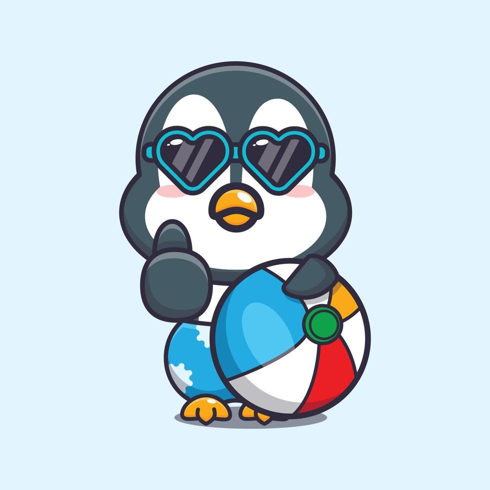 schattig pinguïn in zonnebril met strand bal tekenfilm illustratie. vector