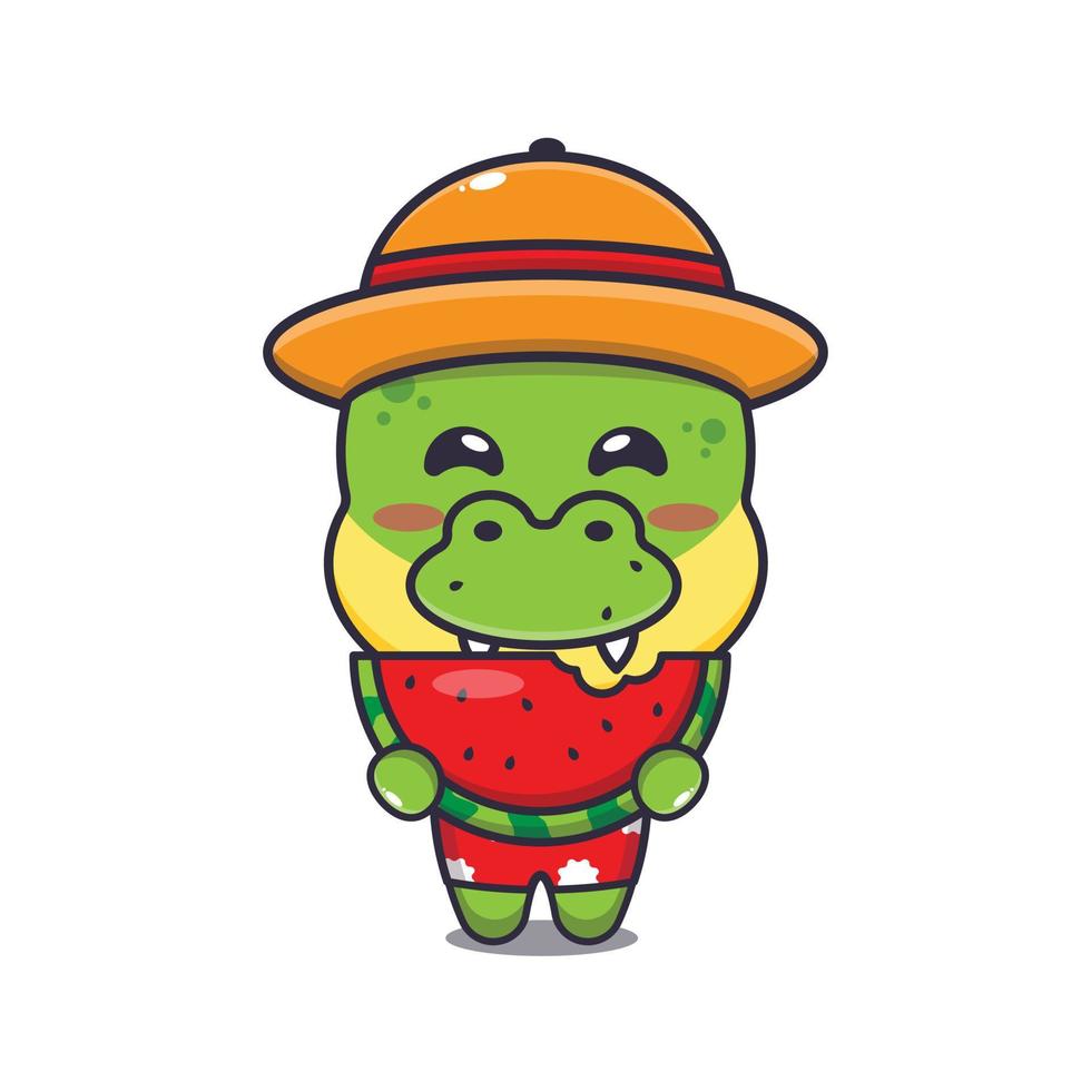 schattig dino aan het eten vers watermeloen tekenfilm illustratie vector