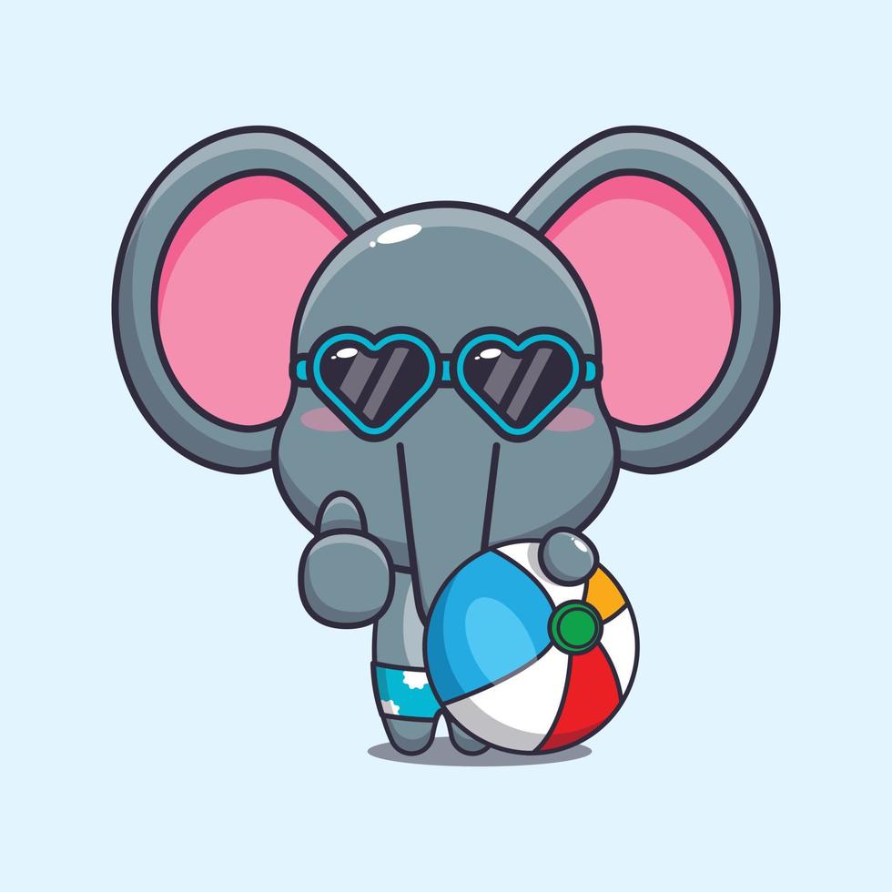 schattig olifant in zonnebril met strand bal tekenfilm illustratie vector