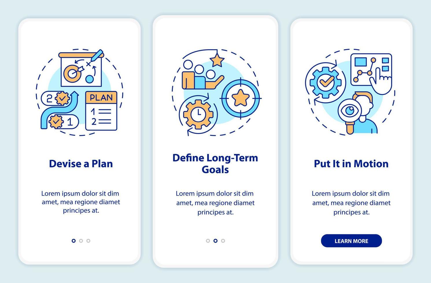 planning onboarding mobiel app scherm. bedrijf strategie walkthrough 3 stappen bewerkbare grafisch instructies met lineair concepten. ui, ux, gui sjabloon. vector