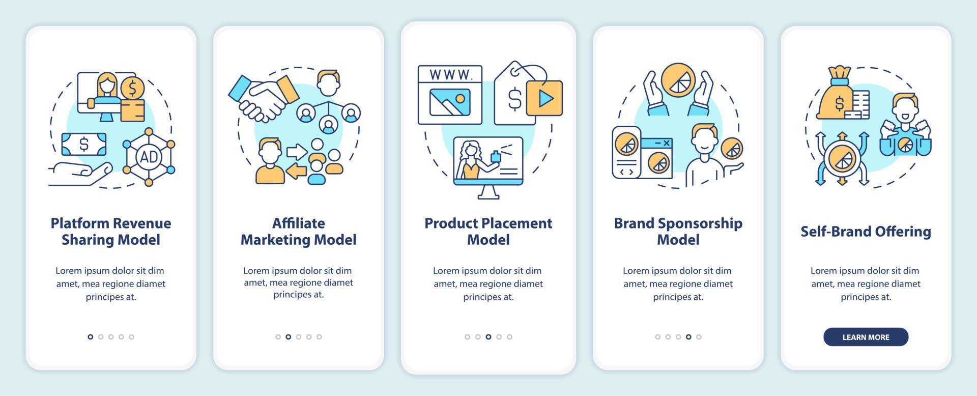 Schepper bedrijf modellen onboarding mobiel app scherm. afzet walkthrough 5 stappen bewerkbare grafisch instructies met lineair concepten. ui, ux, gui sjabloon. vector