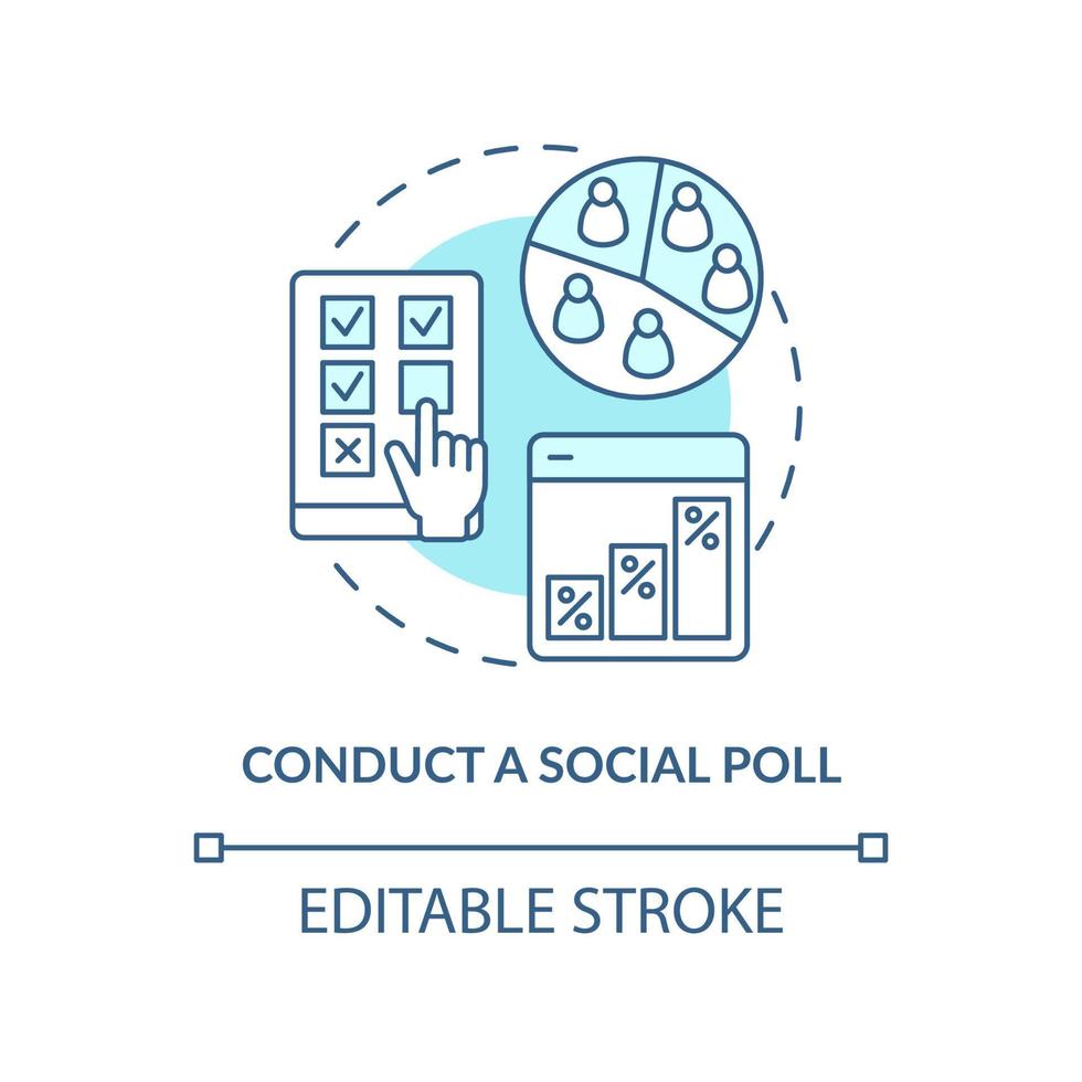 gedrag sociaal poll turkoois concept icoon. media inbedding gebruik methode abstract idee dun lijn illustratie. geïsoleerd schets tekening. bewerkbare hartinfarct. vector