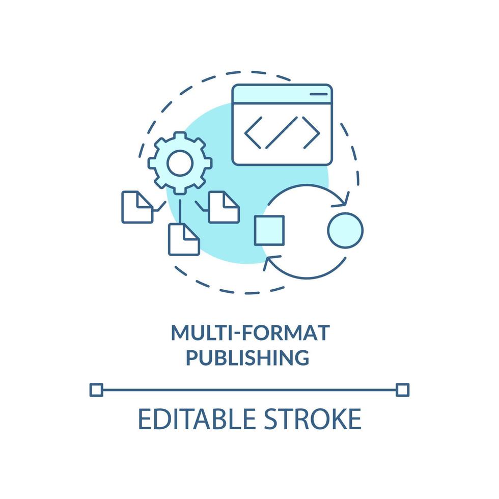 meerdere formaten publishing turkoois concept icoon. lcms voorzien zijn van abstract idee dun lijn illustratie. open source software. geïsoleerd schets tekening. bewerkbare hartinfarct. vector