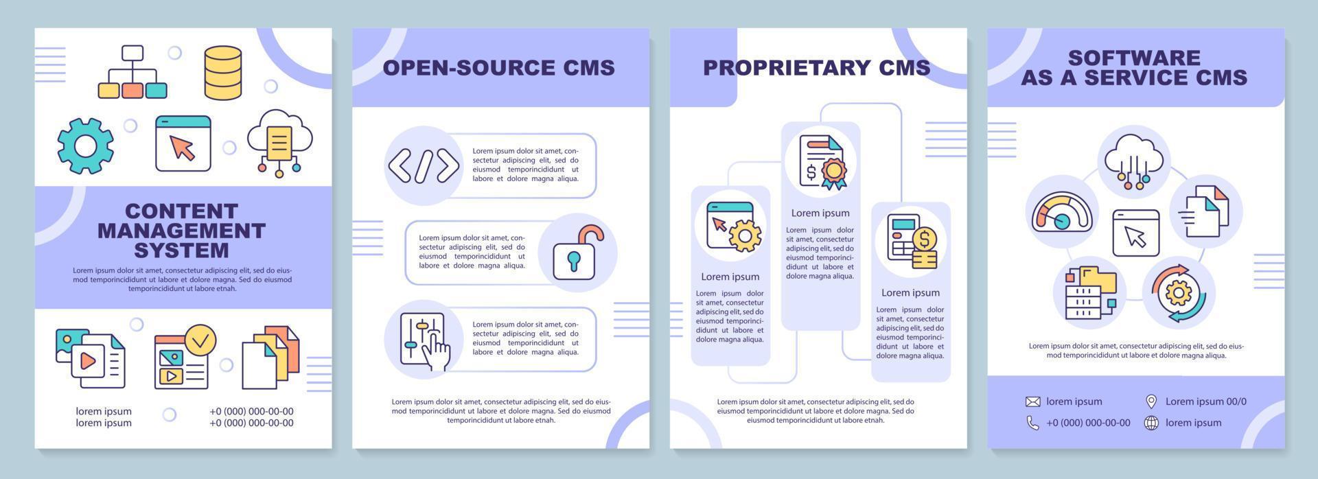 inhoud beheer systeem types Purper brochure sjabloon. brochure ontwerp met lineair pictogrammen. bewerkbare 4 vector indelingen voor presentatie, jaar- rapporten.