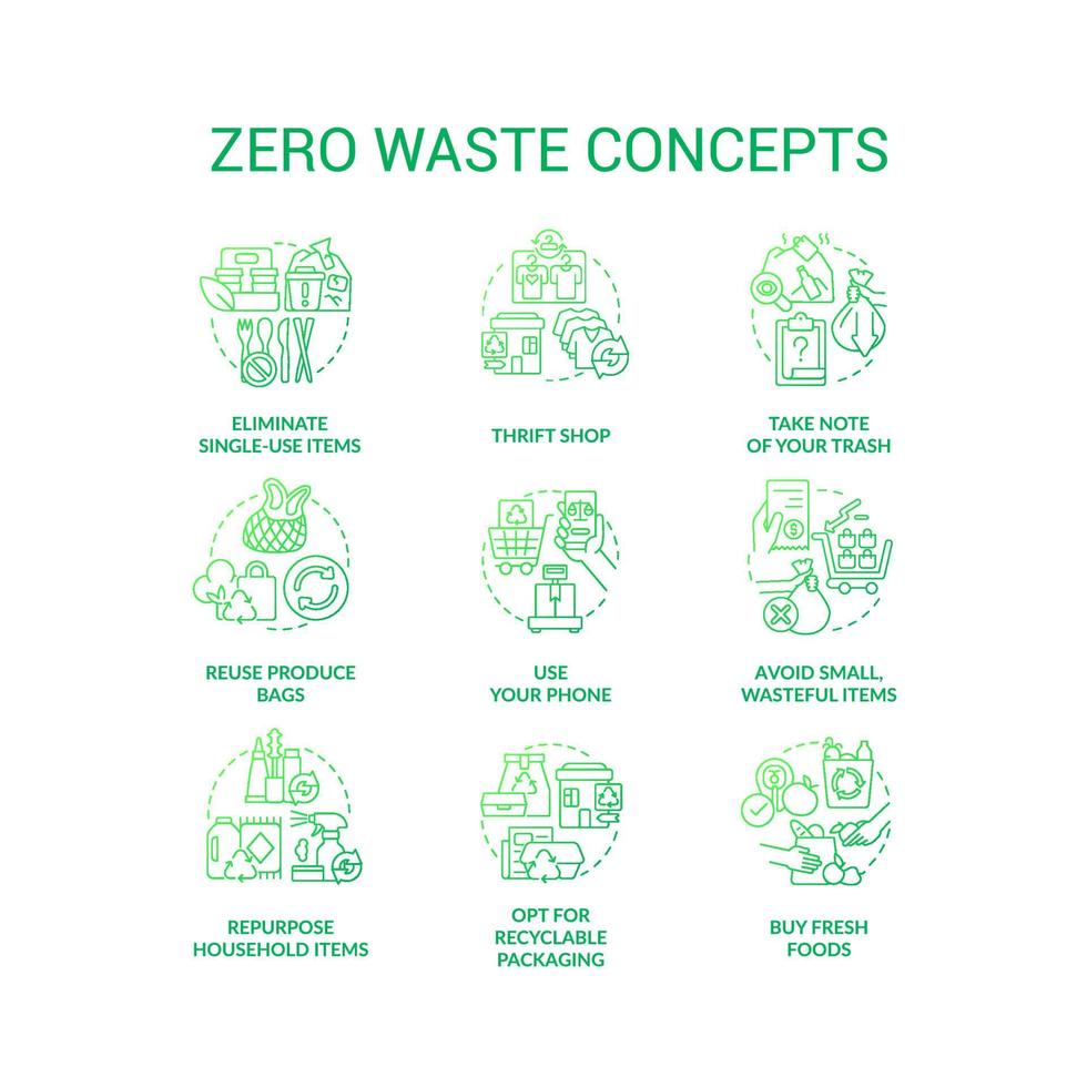 nul verspilling groen helling concept pictogrammen set. hergebruik en recycle praktijken idee dun lijn kleur illustraties. hergebruiken huishouden artikelen. geïsoleerd symbolen. vector