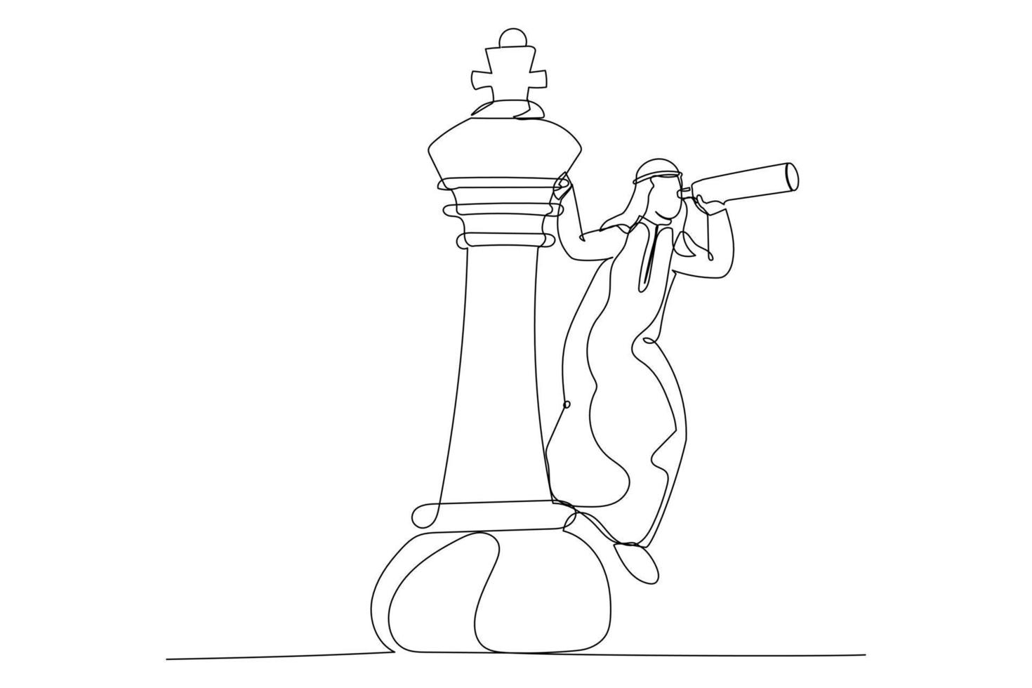 tekenfilm van Arabisch bedrijf Mens leider Aan koning schaak stuk gebruik makend van telescoop naar zien bedrijf strategie. bedrijf planning besluit maken concept. single doorlopend lijn kunst stijl vector