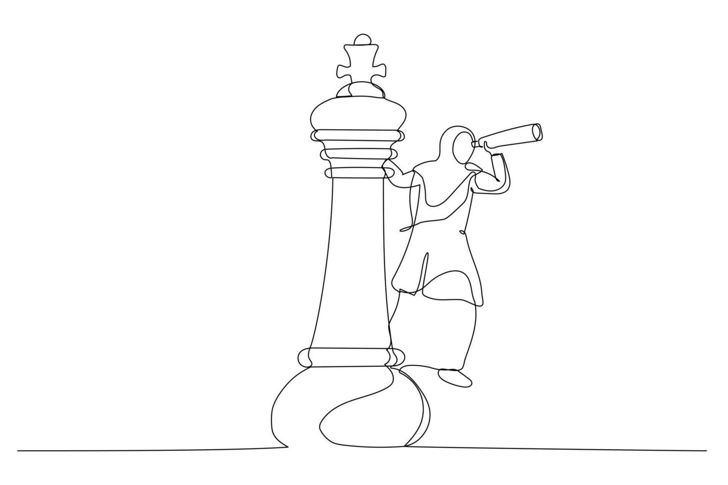 tekenfilm van moslim bedrijf vrouw leider Aan koning schaak stuk gebruik makend van telescoop naar zien bedrijf strategie. bedrijf planning besluit maken concept. single doorlopend lijn kunst stijl vector