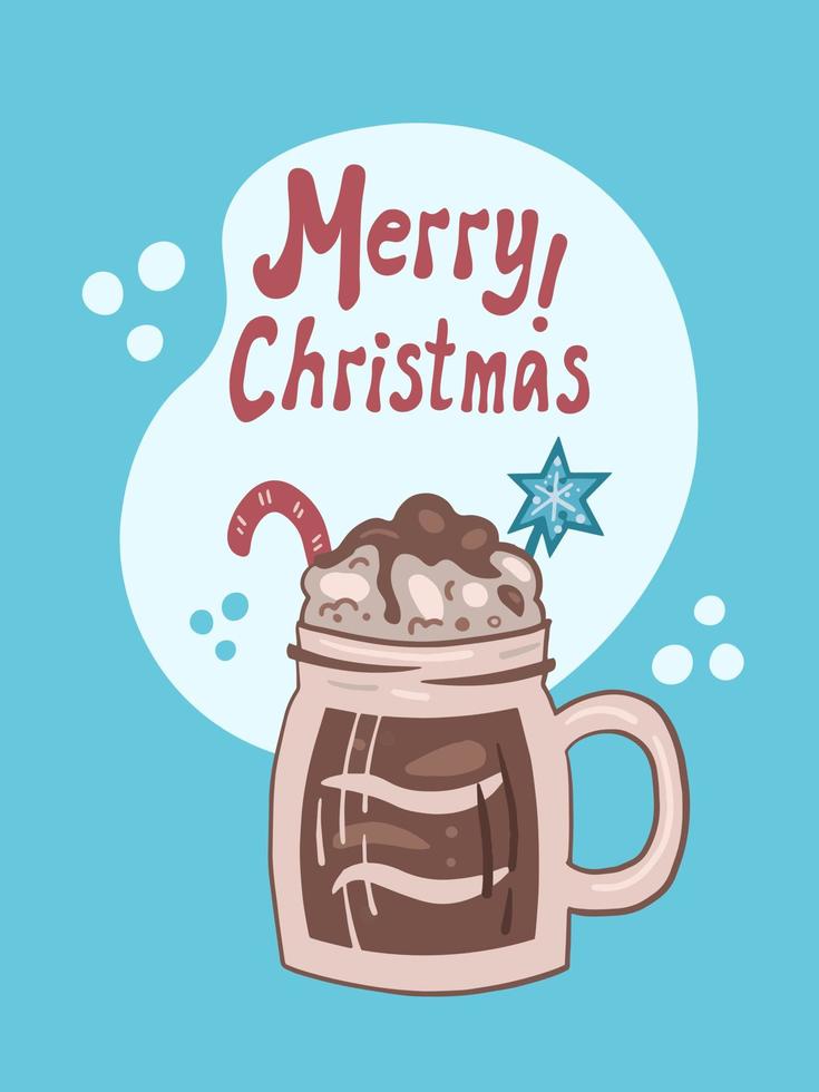 Kerstmis groet kaart met belettering en schattig koffie cocktail vector