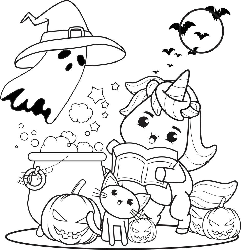 halloween kleur boek met schattig eenhoorn vector