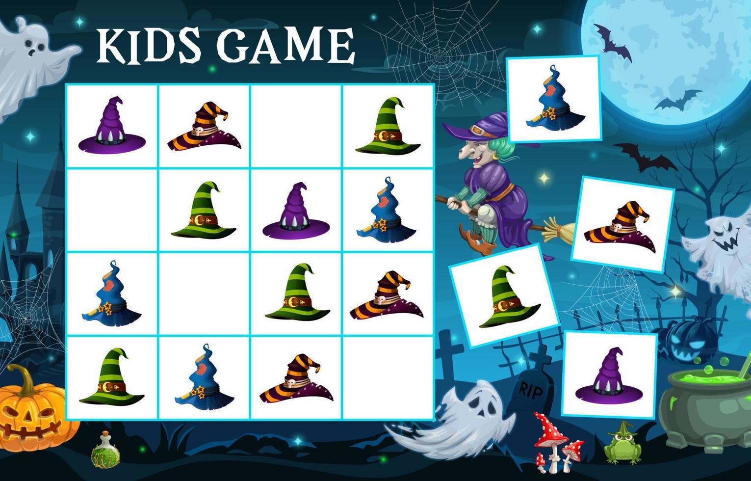 halloween sudoku spel met heks, tovenaar hoeden vector