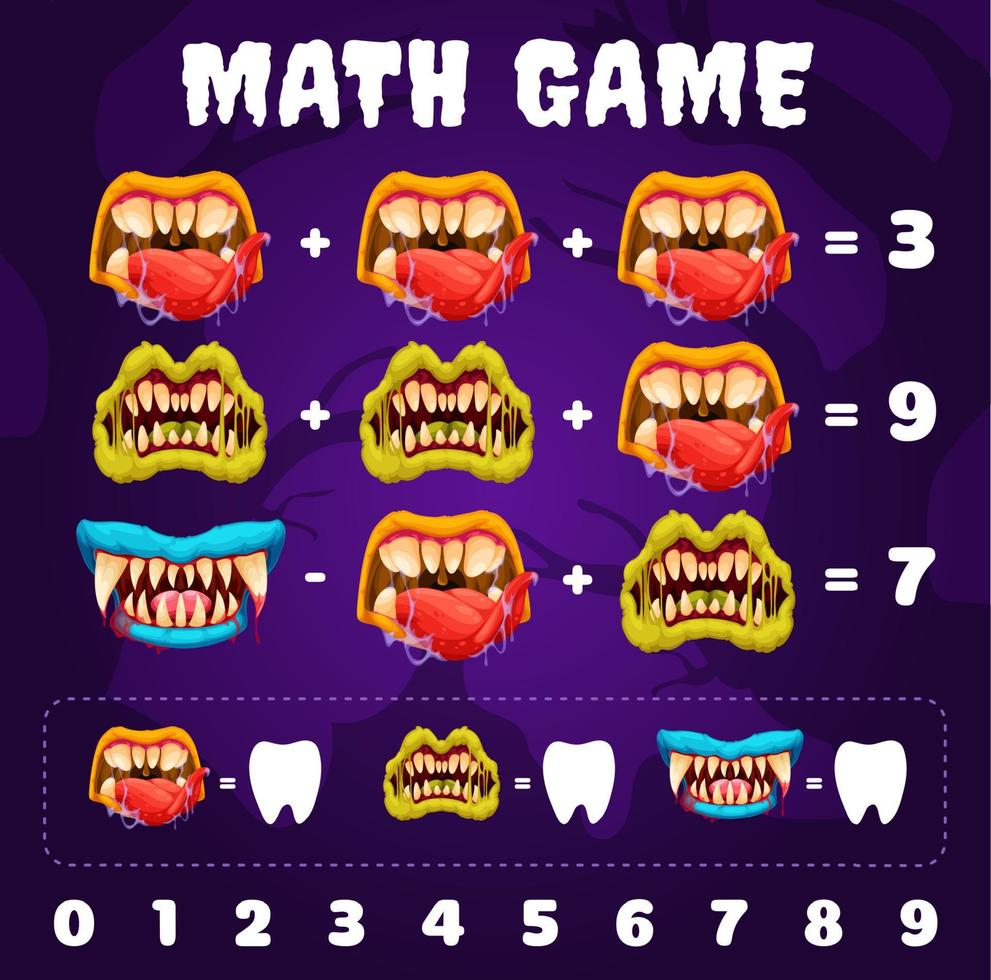 halloween monster mond en kaken Aan wiskunde spel vector