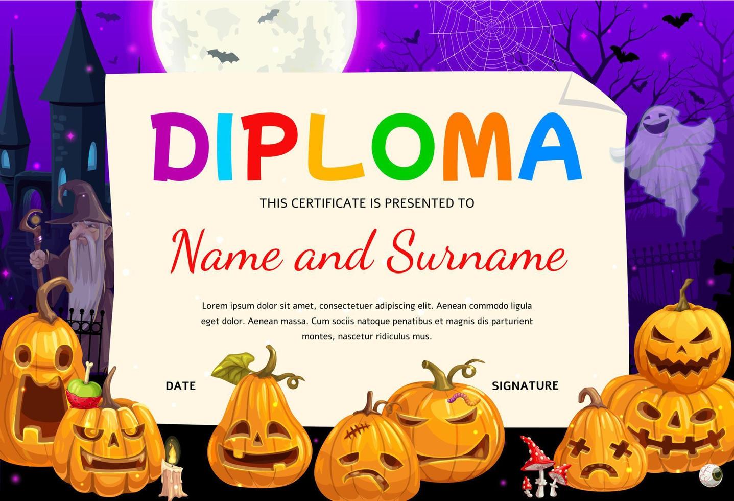 kinderen diploma met grappig halloween pompoen lantaarns vector