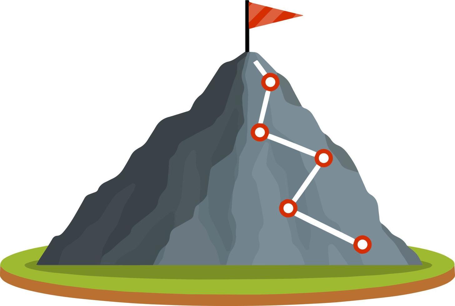 beklimming berg met rood vlag. points en stadia van route. bedrijf motivatie in persoonlijk groei. bergbeklimmen en sport. tekenfilm vlak icoon. zelfontwikkeling en succes vector