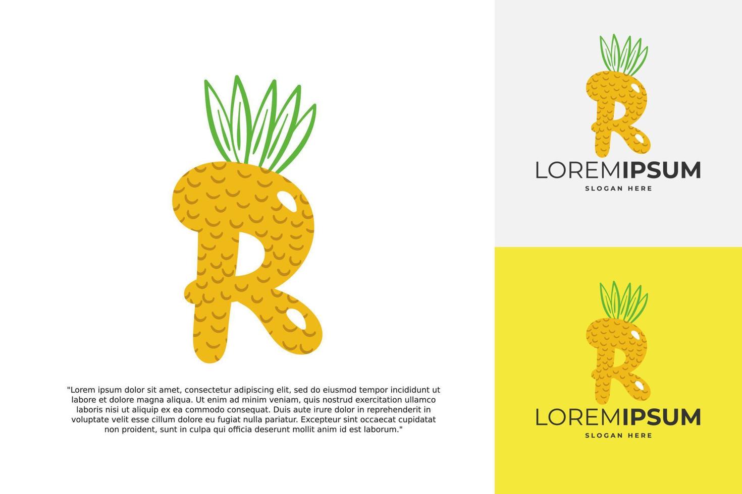 r brief logo gemaakt van ananas. fruit handgemaakt schoonschrift voor agrarisch identiteit, restaurant kaarten, kinderen t-shirt, zomer afdrukken, enz vector