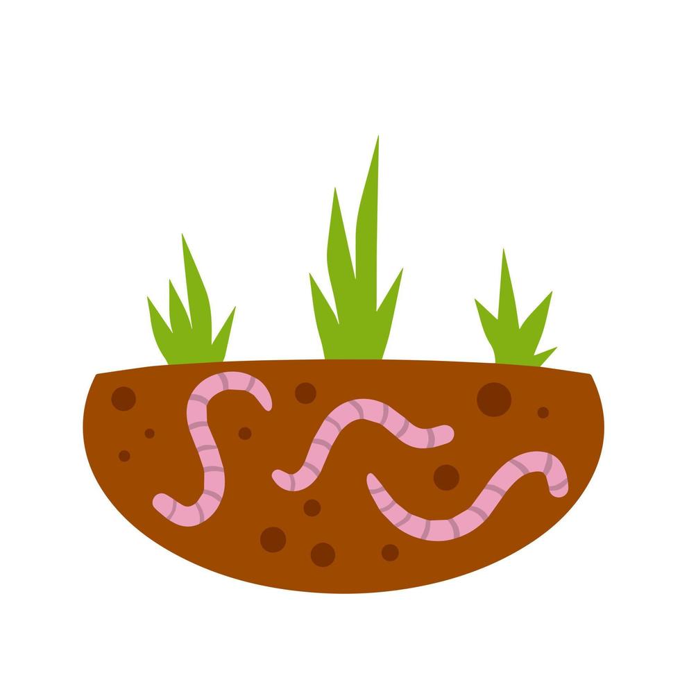 wormen onder de grond. insecten in bodem. bruin aarde met klein roze dieren. visvangst aas. groen gras. biosfeer en natuur. vlak tekenfilm illustratie vector