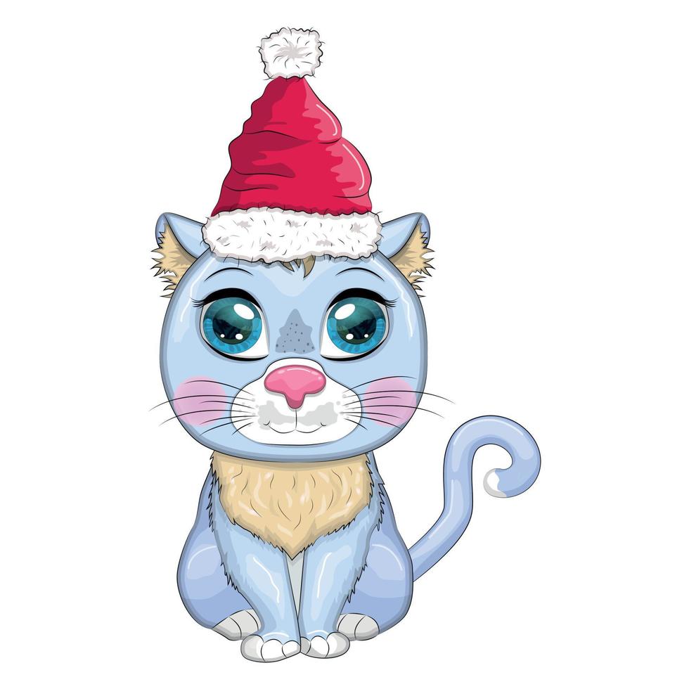 schattig tekenfilm kat in de kerstman hoed met geschenk, Kerstmis bal, snoep kane. winter 2023, Kerstmis en Chinese nieuw vector