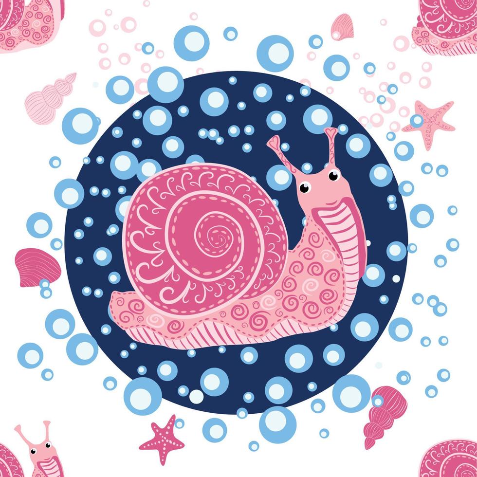 slak roze, zee inwoners naadloos patroon, mooi karakter tussen schelpen, zeewier, zeester vector