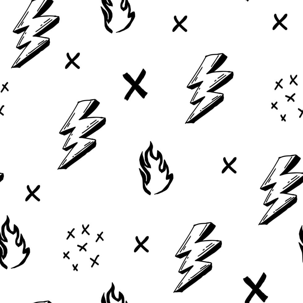 schattig zwart en wit patroon met vuur, bliksem, kruisen naadloos achtergrond. textiel voor kleding stof textiel, papier, kinderen. vector