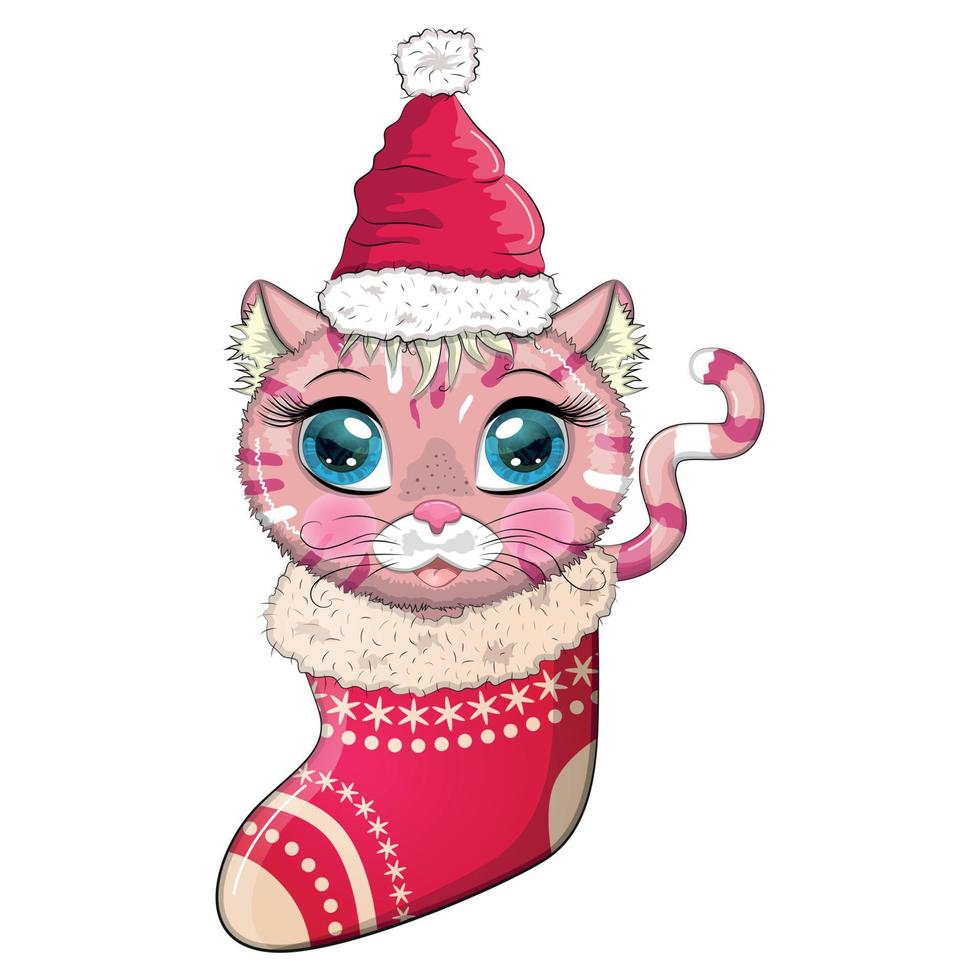 schattig tekenfilm kat in een de kerstman hoed in een Kerstmis kous. winter 2023, Kerstmis en Chinese nieuw jaar. vector