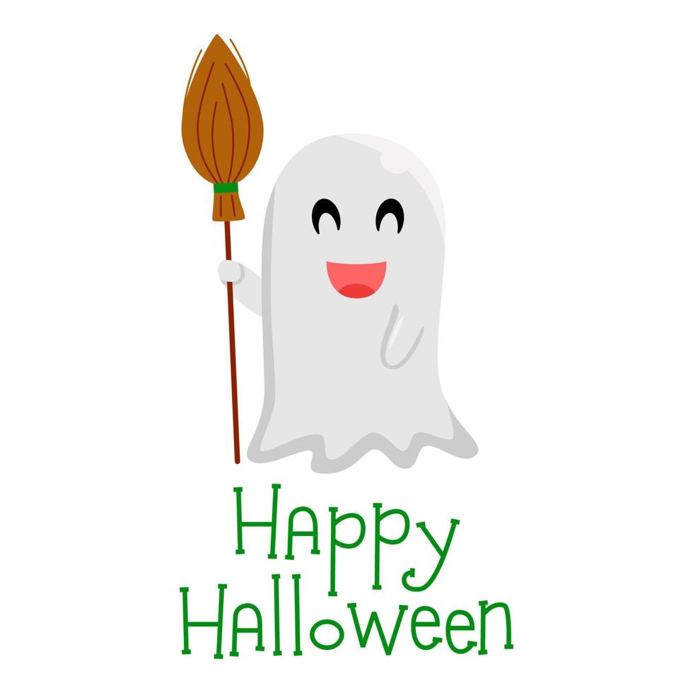 schattig geest Holding bezem. gelukkig halloween. kinderachtig glimlachen spookachtig boe karakter. Super goed voor groet kaart, poster, kinderen kamer, logo, afdrukken, mascotte. geïsoleerd vlak tekenfilm vector illustraties