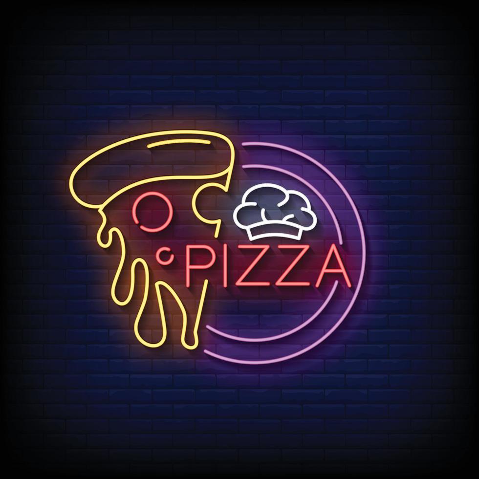 neon teken pizza met steen muur achtergrond vector